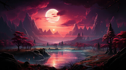 Moon on lake, red sky down the pond surrounded with trees