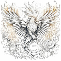 Enchanting Phoenix Outline. Black and White Coloring Activity