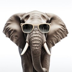 close-up of Elephant with sunglasses on white background