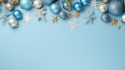 Christmas holiday celebration decoration background banner panorama, baubles and pine brnaches, on light blue table, top view
