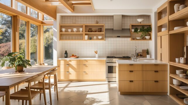  a kitchen filled with lots of wooden furniture and a window.  generative ai