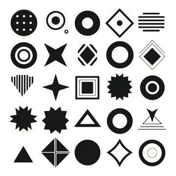 Abstract and essential shapes icons collection. Vector basic shape. Geometric formal shape. Polygonal elements. Modern trendy minimalist basic figures, lines, circles, hexagons, stars, triangles flat 