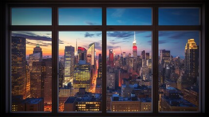 Fototapeta na wymiar a view of a city at night from a window of a skyscraper. generative ai