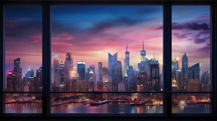 Fototapeta na wymiar a window view of a city skyline at night from a skyscraper. generative ai