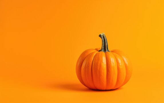 one pumpkin isolated on orange background, copy space