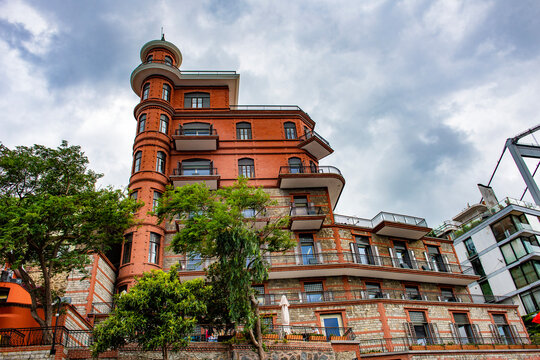 Istanbul, Turkey - August 13, 2023: The Borusan Contemporary Haunted Mansion (Perili Kosk). Contemporary art museum in Rumelihisari, Sariyer. Istanbul, Turkey.