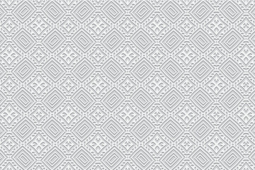 Embossed white background, cover design. Geometric ethnic elegant 3D pattern, press paper, leather. Boho, handmade. Fine tribal art of the East, Asia, India, Mexico, Aztec, Peru.