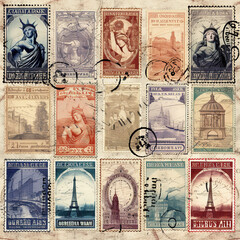 Scrapbooking paper design old travel stamps background. A collection of vintage postcards, train tickets, letter stamps, postage stamps. A watercolor clip-art