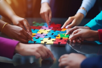 Concept of teamwork and partnership. Hands join puzzle pieces in the office. business people putting the jigsaws team together.Charity, volunteer. Unity, team business. High quality photo