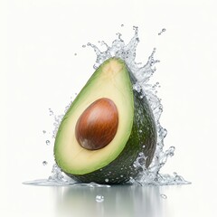 Avocado with water splash, isolated on white background