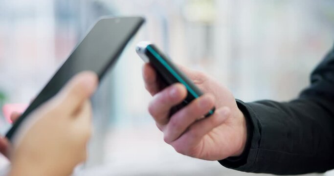 Phone, hands and card machine in payment, transaction or ecommerce at checkout, till or counter. Customer paying or tapping mobile smartphone on POS in fintech, online banking or wireless cash send