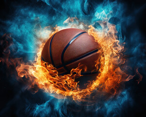 Basketball ball on fire suspended in mid-air, frozen in motion just before entering the hoop, ai