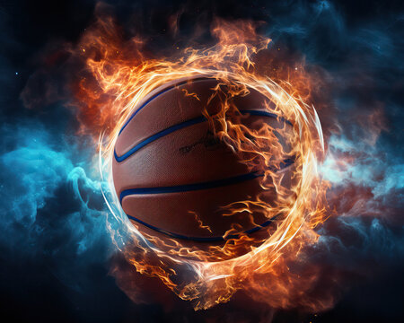 Basketball ball on fire suspended in mid-air, frozen in motion just before entering the hoop, ai