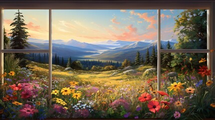  a painting of a window with a view of mountains and flowers.  generative ai