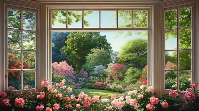  a painting of a garden with flowers and trees outside of a window.  generative ai