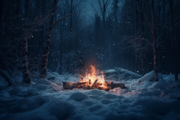 Beautiful landscape with bonfire flames burning fire red on the background of snowy winter nature forest. outdoor concept suitable for hiking and camping. - obrazy, fototapety, plakaty