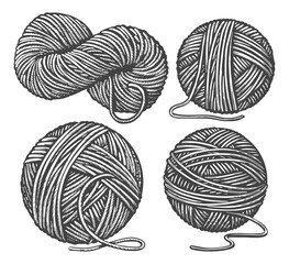 Balls of yarn skein of wool. Handicraft, crocheting, hand-knitting. Sketch vintage illustration