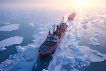 arctic ocean icebreaker leads a caravan of ships through frozen ice, polar morning dawn - obrazy, fototapety, plakaty