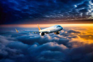 A passenger plane is flying over the clouds.
