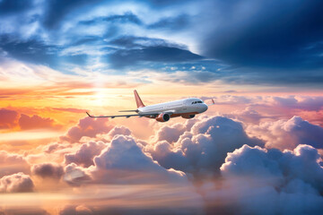 Fototapeta na wymiar passenger plane flies above clouds, against background of the evening setting sun