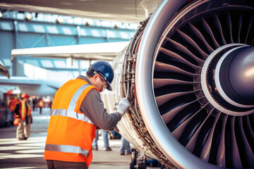 an aircraft technician is repairing a turbine, an engineer is we - obrazy, fototapety, plakaty