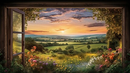  a painting of a window with a view of the countryside.  generative ai