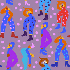 Vector seamless pattern with dancing disco people wearing colorful clothes, 80s vintage style pattern with polka dots. Retro party background. Vector illustration