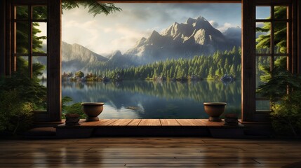  a painting of a mountain lake with two potted plants.  generative ai