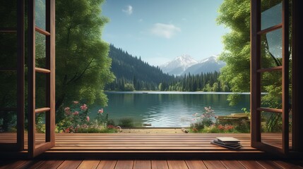  an open window with a book on a wooden floor in front of a lake.  generative ai