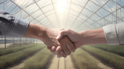 handshake between two men in against the background of a glass greenhouse with plant in row