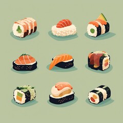Japanese rolls and sushi. Flat illustration. Image of Asian cuisine for posters, banners and commercial advertising