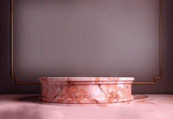 Ai generated.The circle podium for the presentation of the product is made of pink marble with gold veins .