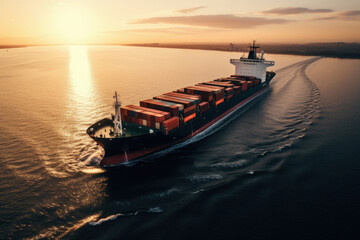 Fototapeta premium sea container ship moving on the sea,sea sunset, low sun, aerial view