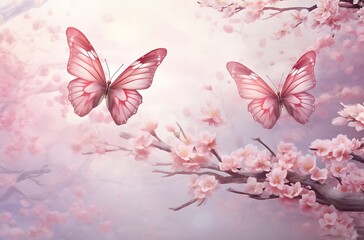cherry blossom background with pink butterflies, nature floral background