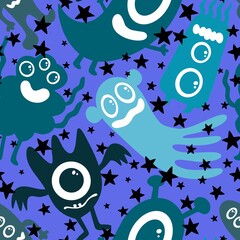 Halloween cartoon monsters seamless aliens pattern for wrapping paper and fabrics and kids clothes print