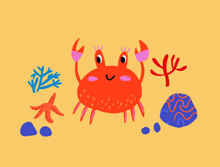 Cute children illustration of the crab on the sand. Crab character in hand drawn style. Beach children illustration with crab, sea star, rocks, corals on orange background. Vector illustration