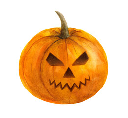 Halloween pumpkin watercolor illustration scary face on white background. Autumn holiday print for scrapbooking,  invitation, card.