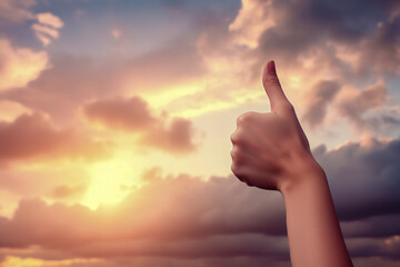 Triumphant Gesture: Silhouette of a Hand Giving Thumbs-Up amidst a Beautiful Sunset, ai generative