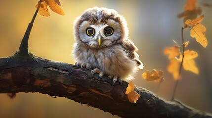  a small owl sitting on a branch with leaves around it.  generative ai