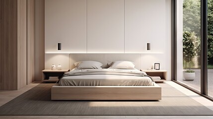  a bedroom with a large bed and a sliding glass door.  generative ai