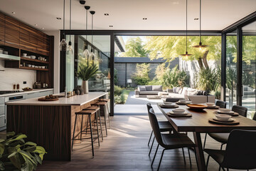 Fototapeta premium Garden view open kitchen with large table and light terrace