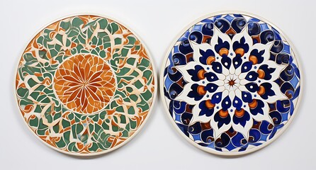 Fototapeta premium Set of two ceramic plates with blue and red patterns on white background