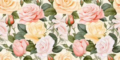 Roses, gardenias, seamless pattern of leaves on antique fabric background. Concept: Remnants of the past