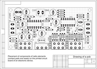 Placement of components of radio elements (contact
pads and seats) on the printed circuit
board of an electronic device.
Vector engineering 
drawing of a pcb. Electric background with grid. 