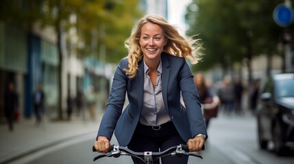 Business woman riding bicycle on street background.