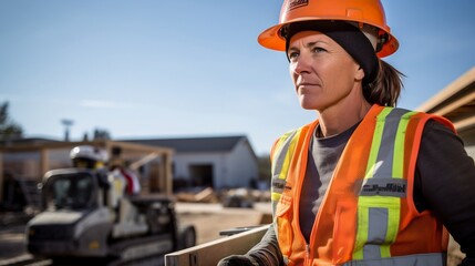 female construction worker. Caucasian middle aged construction worker.