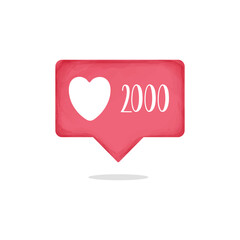 Social media 2000 likes. Counter notification Like, follower red heart  icon web notice element. Watercolor design. Vector illustration.