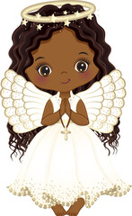 Vector Cute African American Girl Angel Holding Cross, Praying