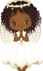 Vector Cute African American Girl Angel Holding Cross, Praying