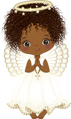 Vector Cute African American Girl Angel Holding Cross, Praying